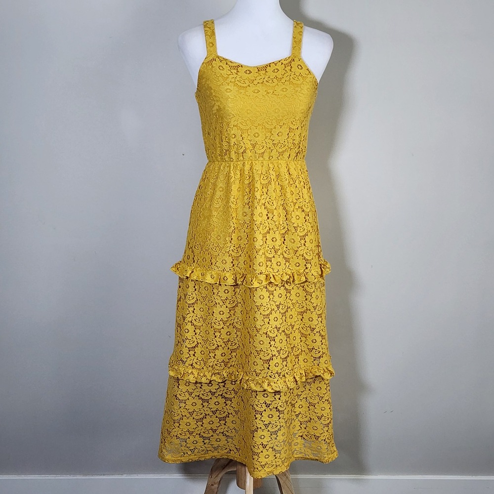Lily Bleu Lace Tiered Maxi Dress Girls Size 12 Yellow Floral Ruffle Boho Cottage